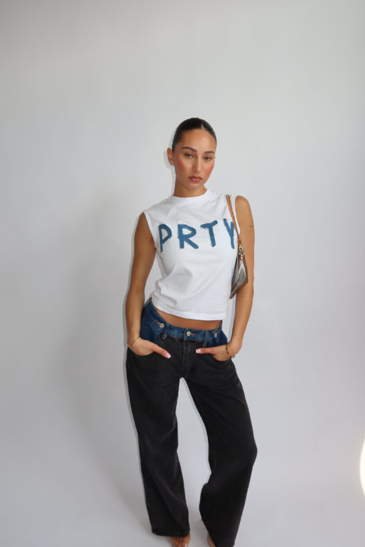 Denim Drop PRTY Top White